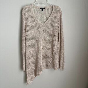 Eileen Fisher Beige Linen Blend Open Knit V-Neck Asymmetrical Hem Sweater